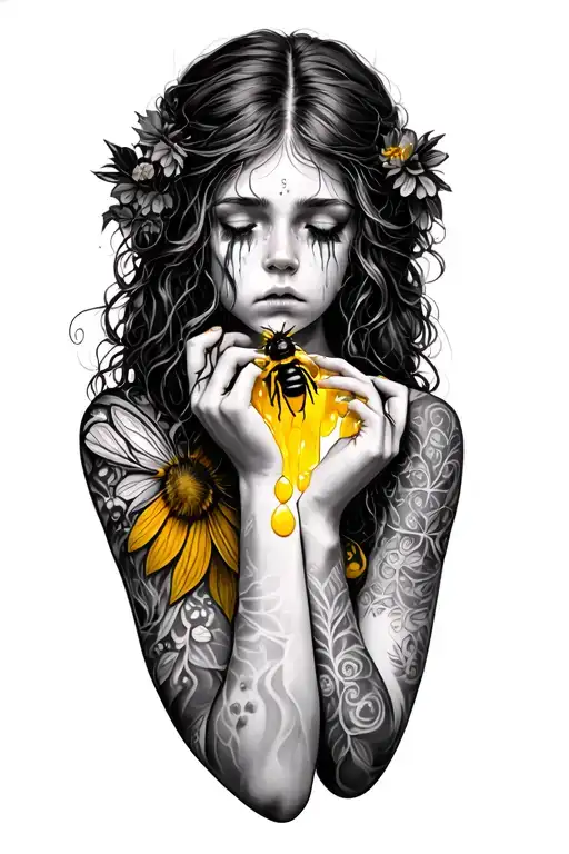 sad tattooed forest fairy with hair crying yellow honey tears reaching out to a bumble bee tattoo design idea