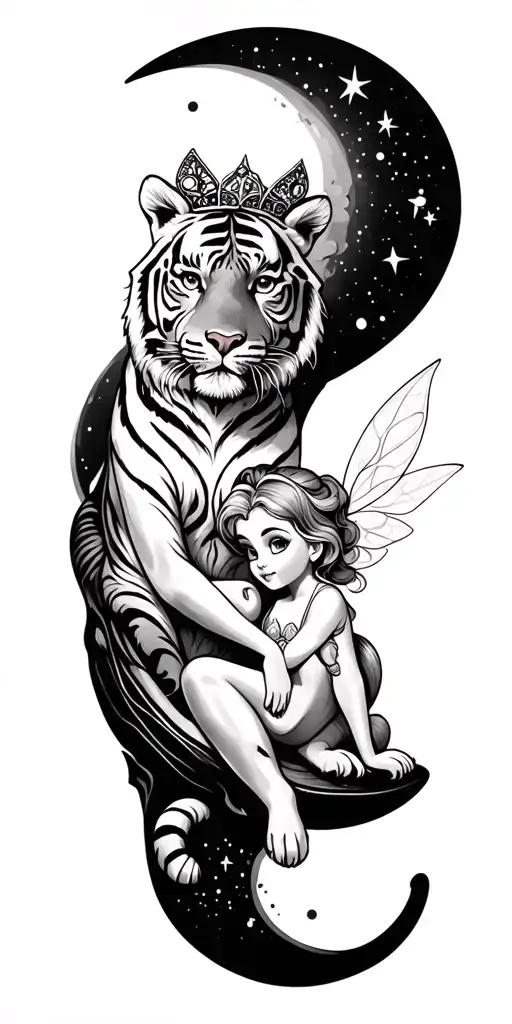 Tiger with tinkerbell sitting on moon surrounded tattoo design idea