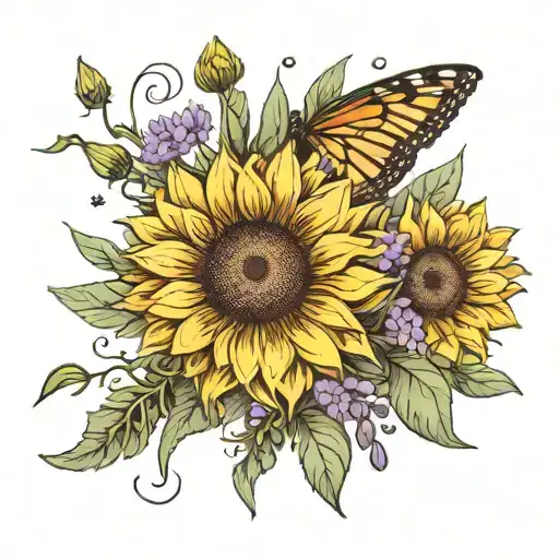 sunflower and lavender bunch with dandelion seed pods tattoo design idea