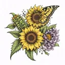 sunflower and lavender bunch with dandelion seed pods tattoo design idea