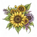 sunflower and lavender bunch with dandelion seed pods tattoo design idea