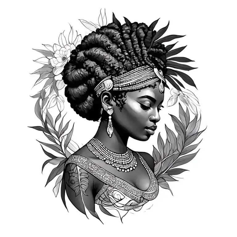 African goddess surrounded tattoo design idea