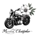 simple line motorcycle with birth flower of march and the name christopher  tattoo design idea