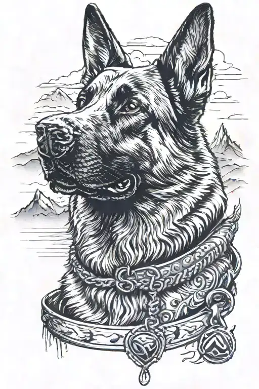 A detailed black and grey portrait of a german shepherd wearing a diabetes alert bracelet, with a mountain landscape in the background tattoo design idea