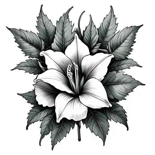 nightshade flower, angel trumpet flower, hensbane flower, wolfsbane flower in a boutique with poison ivy leaves tattoo design idea
