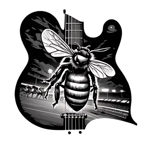 large bee drinking beer and horses on racing course in background. race course shaped like guitar tattoo design idea