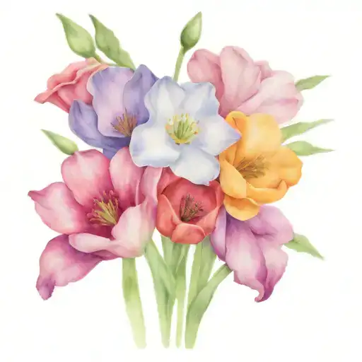 bouquet with ONLY 6 total flowers: ONE Snowdrop, ONE Poppy, ONE Carnation, one Honeysuckle, ONE Rose, one Larkspur tattoo design idea