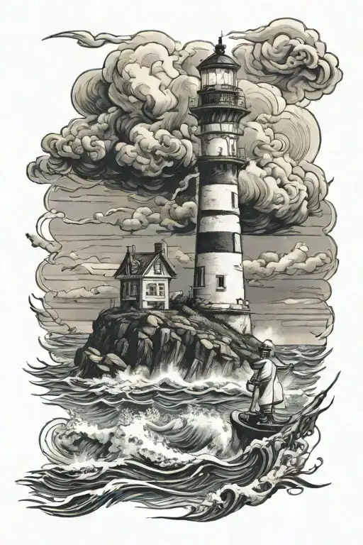 stormy sea lighthouse man and two children playing tattoo design idea