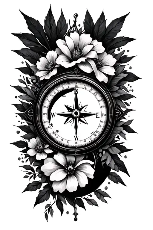 Compass with flowers and moon tattoo design idea
