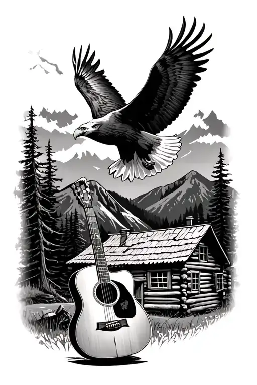 acoustic guitar on a mountain in front of a log cabin with a bald eagle flying overhead  tattoo design idea