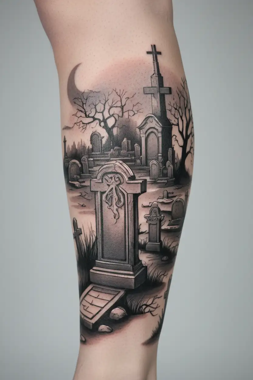graveyard scene with tombstones tattoo design idea