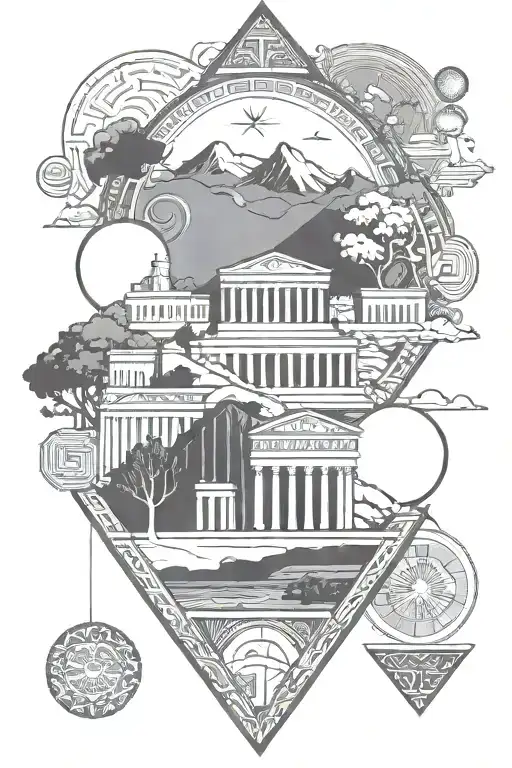 Style of ancient Greece landscape and Space tattoo design idea