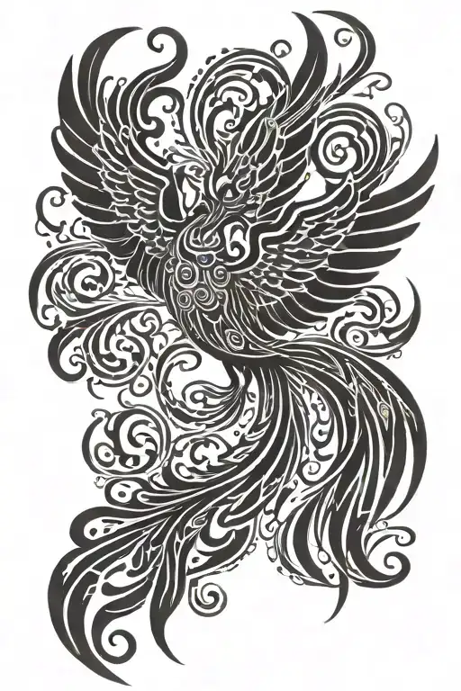 Phoenix in 2D with spread wings and tongues of flame in the style of the trible tattoo design idea