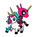 happy chibi deadpool riding unicorn tattoo design idea