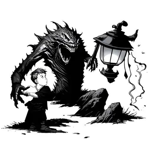 a boy with a lamp that illuminates the surroundings, above the boy is a monster that is dispelled by the light of the lamp tattoo design idea