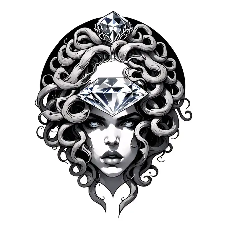 Beautiful medusa with one large princess cut diamond tattoo design idea