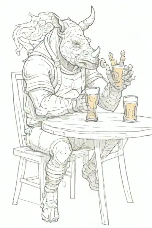 a humanoid with a rhinoceros face sitting at a table drinking a beer tattoo design idea