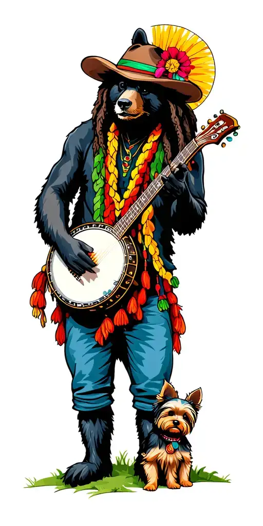 black bearin the mountains playing a banjo with a yorkie and bob marley tattoo design idea