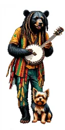 black bearin the mountains playing a banjo with a yorkie and bob marley tattoo design idea