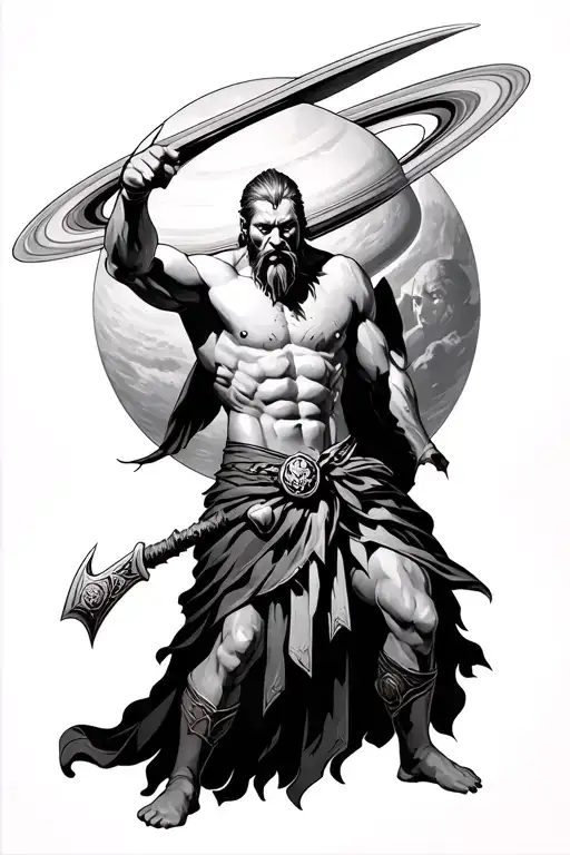 Ares god of war in a fighting stance, with saturn behind. Right upper arm tattoo design idea