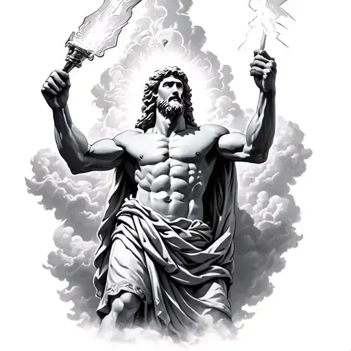 a Greek mythology Zeus holding a lighting bolt in the air in clouds realistic  tattoo design idea