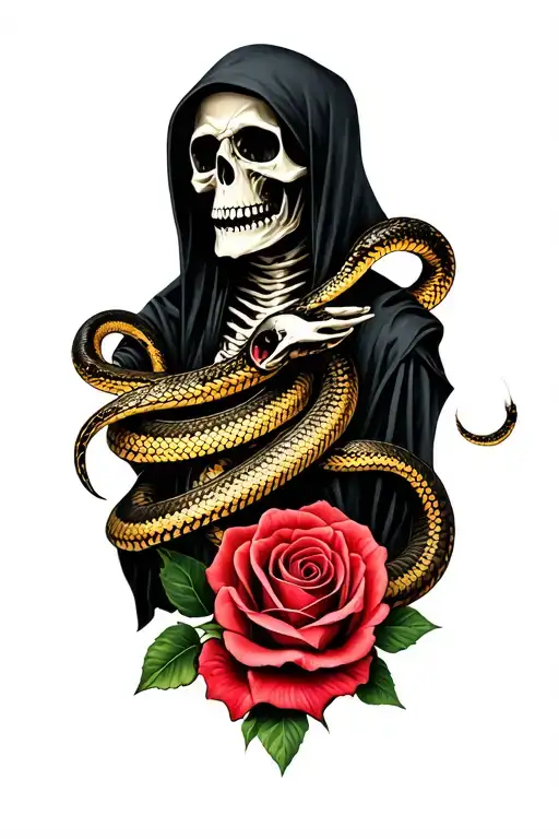 grim reaper skull and snakes with roses tattoo design idea