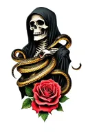 grim reaper skull and snakes with roses tattoo design idea