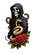 grim reaper skull and snakes with roses tattoo design idea