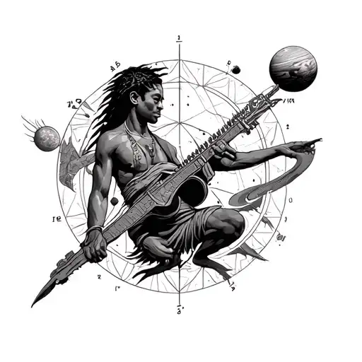 a filipino aeta in a goemetric setting indicating fiercy dragoons and solar system tattoo design idea