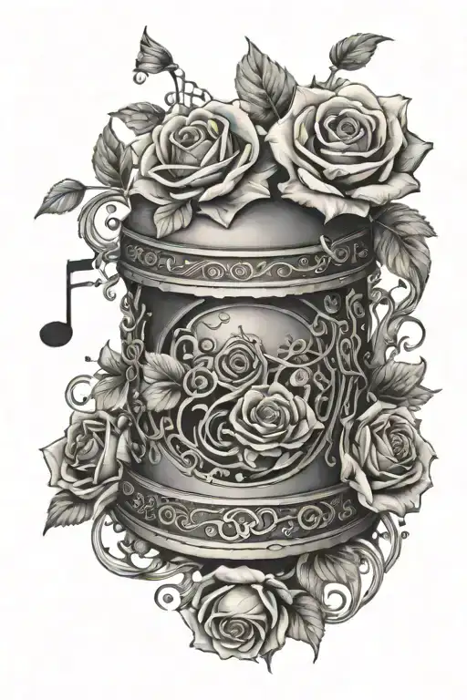 circular open music box with roses and vines, music notes and movie symbols floating out tattoo design idea