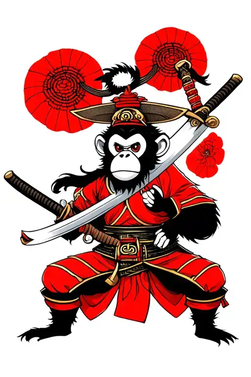 simple monkey samurai japan style full body swords tattoo design idea