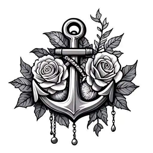 fouled anchor with shells and roses and a sillohette of a climbe hanging off tattoo design idea