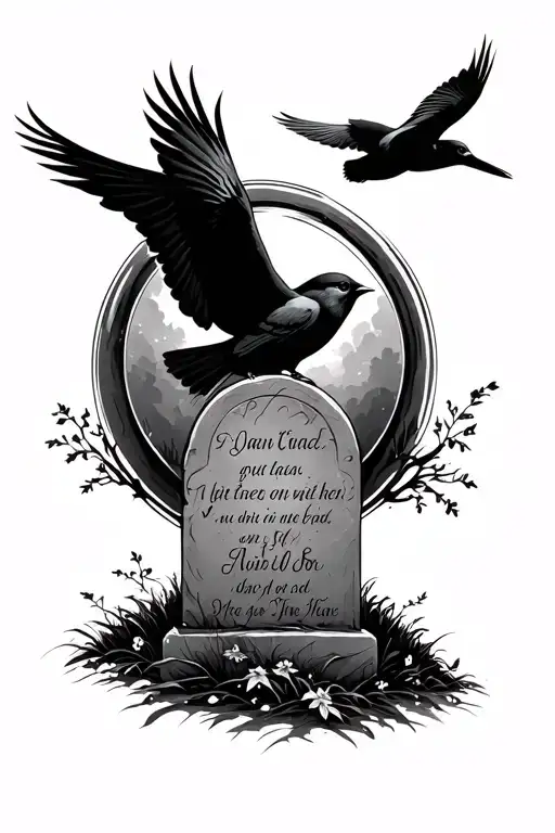 background design with birds flying a round then a tombstone at the bottom with a quote and a name in the grave  tattoo design idea