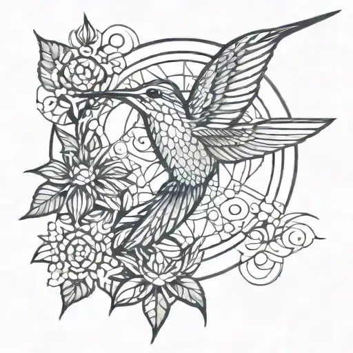 sacred geometry , humming bird, moon , tree fine line tattoo design idea