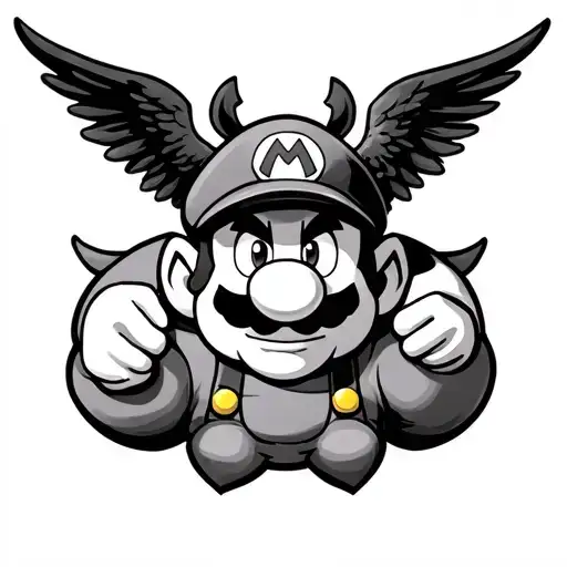 Create a new age tattoo of Mario with a classic angel and devil influence in his shoulders, in the form of a goomba and  tattoo design idea