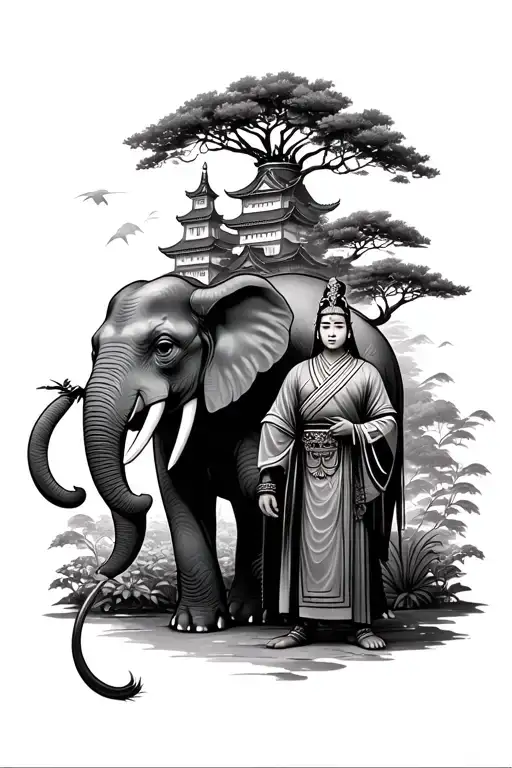 Japanese samauri standing by an elephant in a garden with a castle behind them tattoo design idea