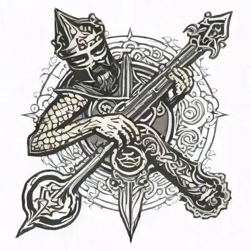 Excalibur in stone with microphone surrounded tattoo design idea