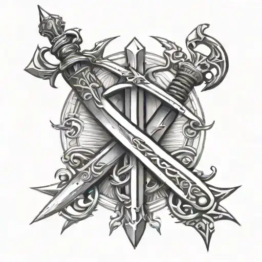 Crossed swords grabbing tattoo design idea