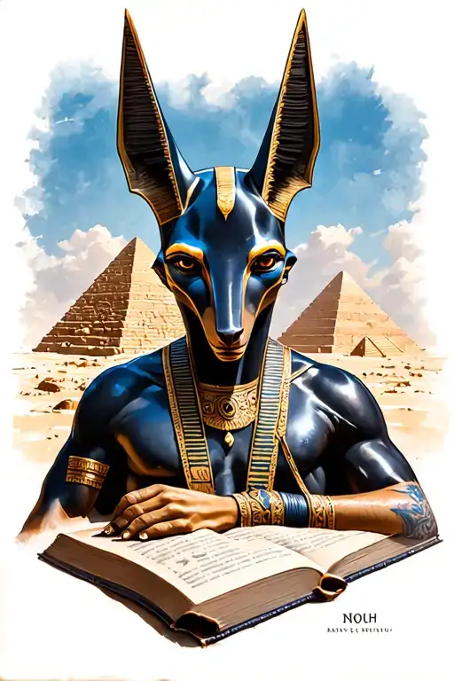 Anubis tattoo on upper arm and below his story with pyramids tattoo design idea