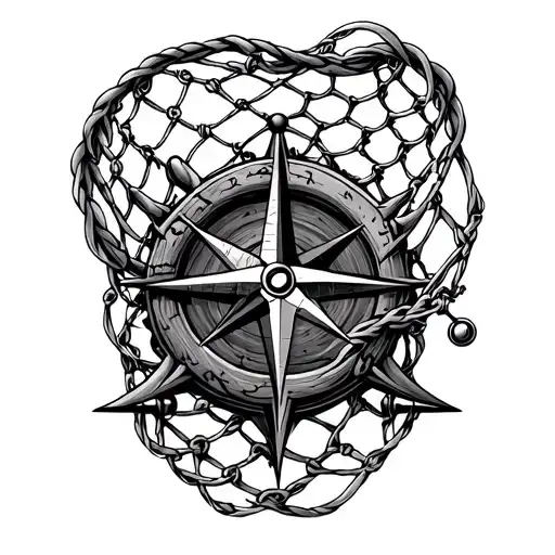 A black-grey tattoo of a fishing net intertwined with a nautical compass design tattoo design idea
