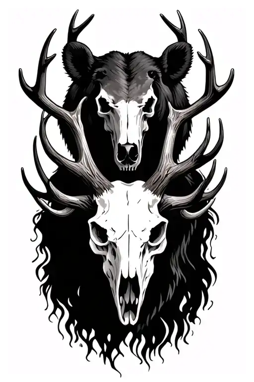 bear skull above deer skull with antlers reaching up on each side of bear skull tattoo design idea