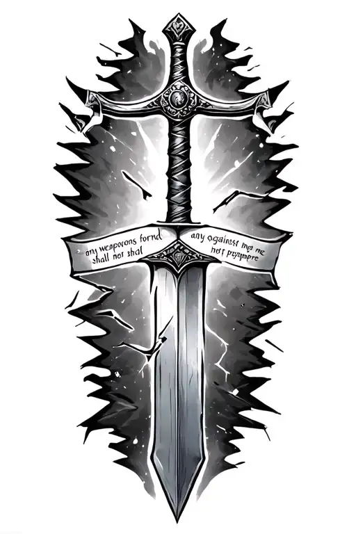 a broken sword with a Bible verse written "any weapons formed against me shall not prosper tattoo design idea