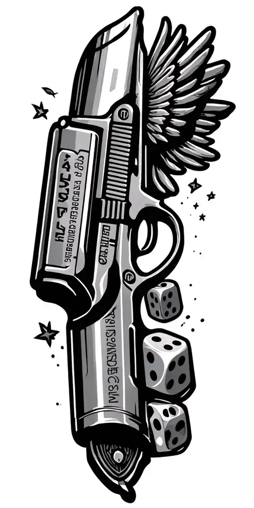 Pistol bullet that flies, pistol glock, text saying B4L with gangster font, dices tattoo design idea