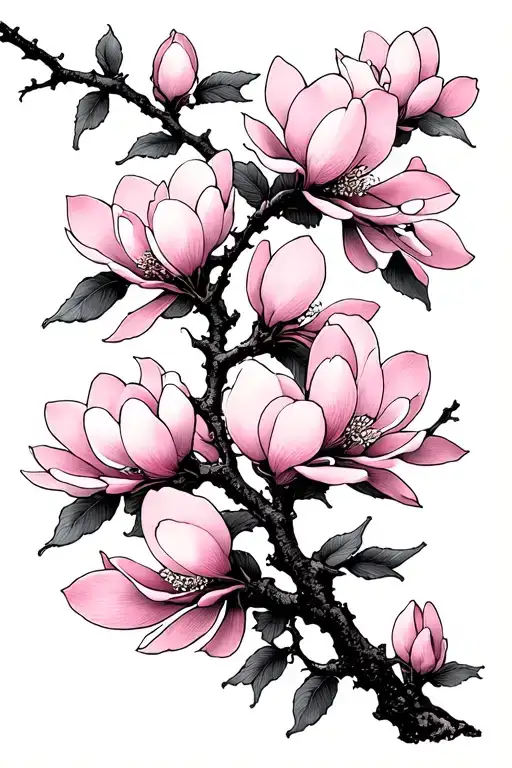 A Japanese-inspired illustration featuring a delicate branch adorned with vertically arranged soft pink magnolia blossom tattoo design idea