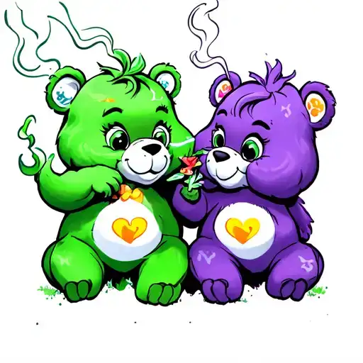 green carebear and purple carebears girly colorful smoking a joint tattoo design idea