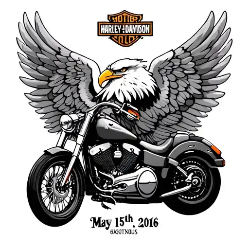 Harley Davidson with an eagle and an angel with the date May 15th, 2016  tattoo design idea