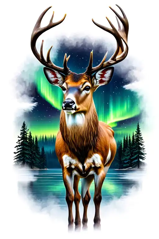 male deer standing infront of lake evergreen trees in the back at night with northern lights tattoo design idea