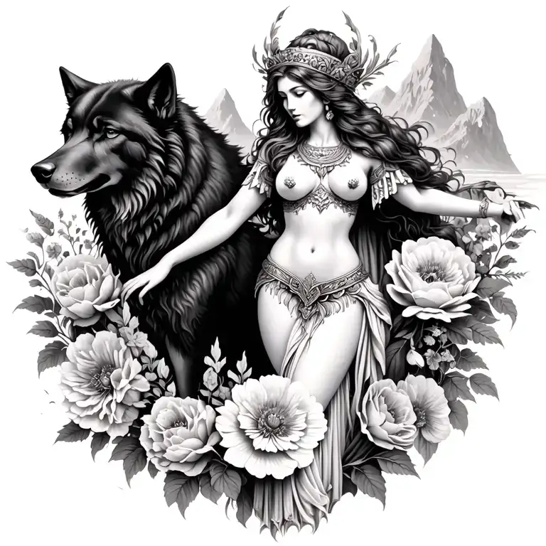Athena sexy goddess surrounded by poeny flowers and black wolf with mountains  tattoo design idea