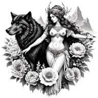 Athena sexy goddess surrounded by poeny flowers and black wolf with mountains  tattoo design idea