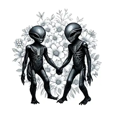"Neo traditional flowers" alien children playing holding hands tattoo design idea